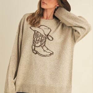 SIZE L!‎ Cloud Ten!Cozy Beige Sweater with Cowboy Boot Design
